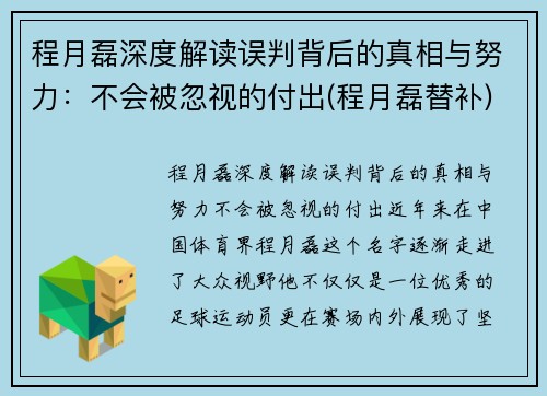 程月磊深度解读误判背后的真相与努力：不会被忽视的付出(程月磊替补)